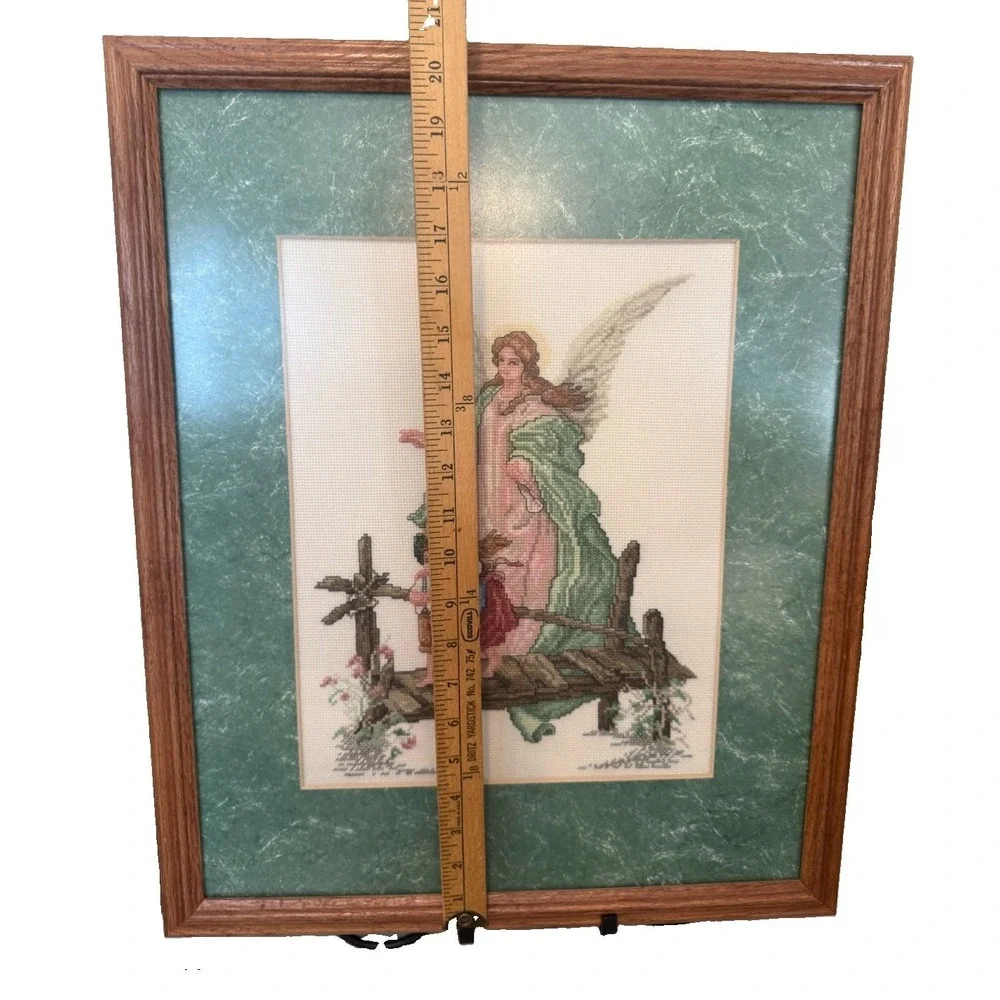 Vintage Guardian Angel Cross Stitch Framed Matted Leisure Arts Wall Hanging 21